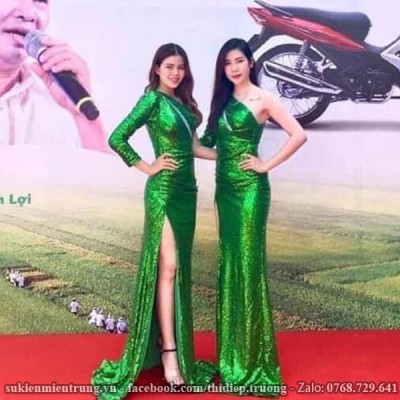 Đầm Kim Sa Xanh rêu tay dài xéo
